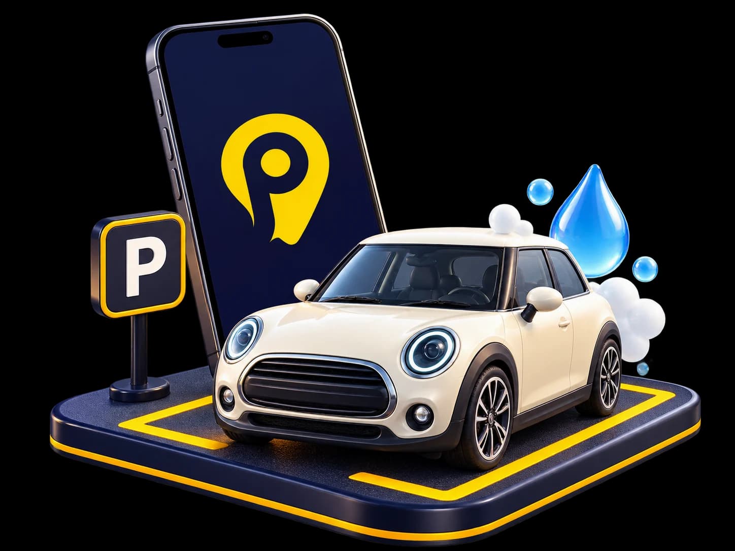 LookingForCarPark app illustrated with a car, parking sign and car wash bubbles